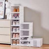 KWER Drop Front Shoe Organizer Storage Box, No Assembly Stackable Shoe Storage Bins with Clear Door, Free Standing Shoe Shelf Cabinet with Lids, Plastic Shoe Rack for Closet Entryway, 3-Tier