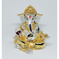 Gold and Silver plated gaddi ganesha Idol | Ganpati Bappa Murti | for Home Decor Puja Lord Ganesh Statue Gift for Office Desk Puja Room Figurine, Car Dashboard, House Warming (7.6 x 7.6 x 8.8)