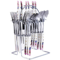 MGeezz Floral Pink and Purple Silver Ceramic Stainless Steel Cutlery Set with Spoons, Forks & Knives Combo of 24 with Stand and Floral Design Ceramic Handle with Exquisite Handle Set of 24