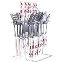 MGeezz Silver Stainless Steel Cutlery Set of 24 with Floral Pink Rose Ceramic Handle with a Combo of Spoons, Forks & Knives with Exquisite Handle