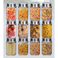 CLOUDMART Piramal Glass Square Clear Jars & Containers for Kitchen Pantry, Snacks, Honey, Pickles, Cookies, Dry Fruits, Coffee Beans Storage with Stainless Steel Lid (Cube Jar, 300ml, Set Of 12)