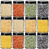 CLOUDMART Piramal Glass Square Clear Jars & Containers for Kitchen Pantry, Snacks, Masala, Honey, Pickles, Cookies, Dry Fruits,Storage with Black Color Plastic Lid (Cube Jar, 600ml, Set Of 12)