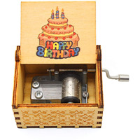 EITHEO Wooden Uniq Carved Hand Crank Happy-Birthday-Cake Theme Music Box