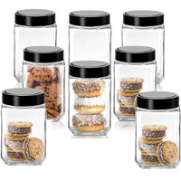 Piramal Square Shape Glass jar With Black Plastic Lid Glass Container for Home and kitchen storage Snacks,spices,Pickles,Cookies,DryFruits,Coffee Beans Wide Mouth coffee sugar tea jar (800ml,set of 8)