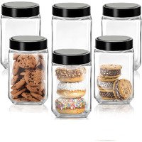 Piramal Square Shape Glass jar With Black Plastic Lid Glass Container for Home and kitchen storage Snacks,spices,Pickles,Cookies,DryFruits,Coffee Beans Wide Mouth coffee sugar tea jar (800ml,set of 6)