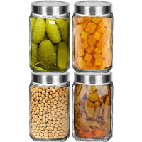 Piramal Glass Square Clear Jars & Containers for Kitchen Pantry, Snacks, Masala, Honey, Pickles, Cookies, Dry Fruits, Coffee Beans Storage with Stainless Steel Lid (Cube Jar) (1000ml, Set Of 4)