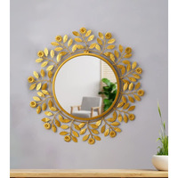 METALMASTERY Cast Iron Sunflower Round Stems & Leaves Decorative Wall Mount Mirror-Add A Touch Of Glamour To Your Space (Gold)