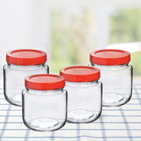 Feelopie Piramal Glass Jar 500 ml Round pickle Jars for kitchen home storage Transparent airtight Glass Containers for Kitchen Pantry, Flour, Cereal, Masala, Dry Fruits|Red Cap(500ml, Set of 4)