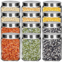 CLOUDMART Piramal Glass Square Clear Jars & Containers for Kitchen Pantry, Snacks, Masala, Honey, Pickles, Cookies, Coffee Beans Storage with Stainless Steel Lid (Cube Jar, 600ml, Set Of 12)