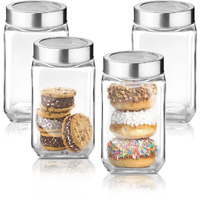 Piramal Square Glass jar with Airtight See Through Steel Lid,Canister Jar for kitchen item storage Pasta Grains Dal Tea Sugar Pickle Jar Snacks Container Kitchen jar set [Leakproof Lid-800ml-set of 4]