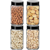 Piramal Glass Square Clear Jars & Containers for Kitchen Pantry, Snacks, Masala, Honey, Pickles, Cookies, Dry Fruits, Coffee Beans Storage with Black Color Plastic Lid (Cube Jar) (1000ml, Set Of 4)