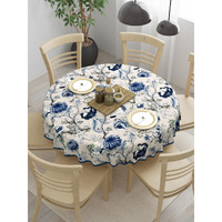 Clasiko 100% Cotton 6 Seater Round Table Cover; 72x72 Inches; Blue Flowers