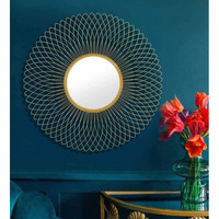 METALMASTERY Modern Designer Sunflower Iron Radiance Round Shape Decorative Wall Mirror for Living Room, Bathroom, Wall Decorative Mirror - Add a Touch of Glamour to Your Space (Gold)