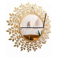 METALMASTERY Stainless Steel Golden-Finished Decorative Iron Mirror with Glass Leaf Design - Wall Mount Hanging Sculpture for Living Room, Dining Hall, and Bedroom