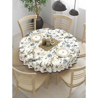 Clasiko 100% Cotton 6 Seater Round Table Cover; 72x72 Inches; Blue Flowers & Birds