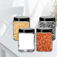 Piramal Glass Square Clear Jars & Containers for Kitchen Pantry, Snacks, Masala, Honey, Pickles, Cookies, Dry Fruits, Coffee Beans Storage with Black Color Plastic Lid (Cube Jar) (600ml, Set Of 4)