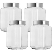 CLOUDMART 1.8 liter Clear Glass Jar Container With Airtight See through Steel Lid for home and kitchen||Pickle snacks pasta Coffee Sugar jar || Kitchen storage jar set (Cubical Square-1.8kg-set of 4)