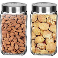 Piramal Glass Square Clear Jars & Containers for Kitchen Pantry, Snacks, Masala, Honey, Pickles, Cookies, Dry Fruits, Coffee Beans Storage with Stainless Steel Lid (Cube Jar) (1000ml, Set Of 2)