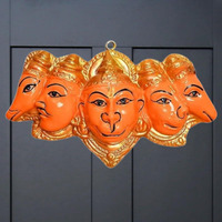 The Advitya Panchmukhi Hanuman Ji Murti Wall Hanging Resin Statue for Door Entrance | Sankatmochan Bahubali Bajrangbali Balaji Murti Statue for Pooja Home Decor Gift |7 Inch| Orange