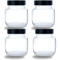 CLOUDMART Piramal Glass Black Lid Aahar 250ml Glass jar with Air tight Black Plastic lid for Home and Kitchen-candy spices salt herbs storage jar||Glass Spice Container (250ml,set of 4)