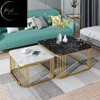 RIZIK STORE Iron frame handmade Square 20x20 coffee/nesting/side/center table with marble finish MDF white Top for living room/drawing room/Balcony Gold (set of 2) (Black)