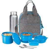 MILTON Savor Lunch Tiffin (3 Microwave Safe Inner Steel Containers, 180/320/450 ml; 1 Plastic Chutney Dabba,100ml; 1 Aqua Steel Bottle, 750ml, Steel Spoon and Fork) with Insulated Fabric Jacket, Blue