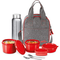 MILTON Savor Lunch Tiffin (3 Microwave Safe Inner Steel Containers, 180/320/450 ml; 1 Plastic Chutney Dabba,100ml; 1 Aqua Steel Bottle, 750ml, Steel Spoon and Fork) with Insulated Fabric Jacket, Red