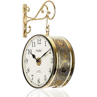 CRAFTEL Metal Analog Double Sided Vintage English Roman Station Wall Clock with Brass in dial (Golden_10 Inches)