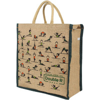 DOUBLE R BAGS Unisex-Adult Unisex Eco Reusable Yoga Print Jute Cloth Casual Lunch Bag For Tiffin Box With Bottle Organizer, Zipper & Reinforced Handle (Pack Of 1),Green