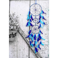 ILU Dream Catchers, Wall Hangings, Home Decor, Handmade Dreamcatcher for Bedroom, Balcony, Garden, Party, Cafe, Small Ring Beaded Blue & Light Blue Feathers, 17cm Diameter, Length 80cm