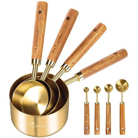 Supvox Measuring Cups and Spoons with Wood Handle Set of 8, Stainless Steel, Golden Polished Finish, Baking Tools, Dry & Liquid Measuring Cup for Cooking