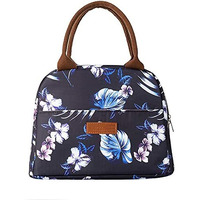 House of Quirk Insulated Reusable Lunch Bag Tote Bag for Women Printed Lunch Bag for School Picnic Office Outdoor Gym (Blue Flower Leaves) (Nylon)