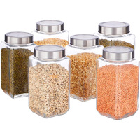 Vency Glass Square Shape Transparent Glass Jars & Containers For Kitchen Pantry,Snacks,Masala,Pickles,Dry Fruits,Coffee Beans Storage With Steel See Through Lid(Set Of 6)(1000Ml Steel Cap),Blue