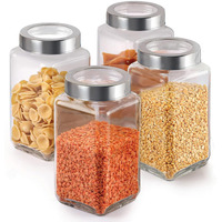 Vency Glass Round Shape Transparent Glass Jars & Containers for Kitchen Pantry, Snacks, Masala, Pickles, Dry Fruits, Coffee Beans Storage with Steel See-through Lid (Set Of 4) (1000ml Steel Cap)