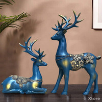 Xtore Creative Resin Golden Reindeer Sculptures | Beautiful Home Decor | Lifts up Energy of Your Room - (Pack of 2, Blue)