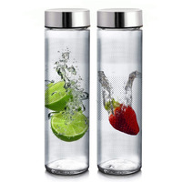 CLOUDMART Glass Water Bottle with Leak-Proof Airtight Double Layer Stainless Steel Lid for Water, Smoothie, Juices - Wide Mouth Reusable Travel Glass Drinking Fridge Bottles - 750ml (Set Of 2)