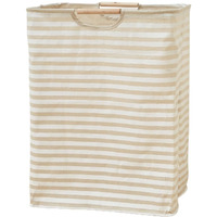 House of Quirk 52 Litre Linen Cotton Collapsible Laundry Basket For Folding Portable Dirty Clothes Storage Hamper (Beige/White Horizontal)