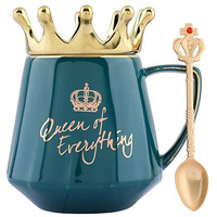 NYRWANA Queen of Everything Coffee Mug, Birthday Gift for Girls, Rakhi Gift, Birthday Gift for Women, Wedding Gift, Coffee Mug with Lid, Mug with Golden Crown Lid & Spoon (350ml - Green)