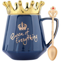 NYRWANA Queen of Everything Coffee Mug, Birthday Gift for Girls, Rakhi Gift, Birthday Gift for Women, Wedding Gift, Coffee Mug with Lid, Mug with Golden Crown Lid & Spoon (350ml - Blue)