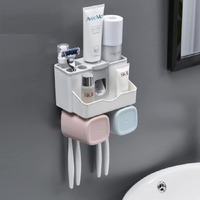 LXOICE Plastic Toothbrush Holder Wall Mounted, Toothbrush Holders For Bathroom, Toothpaste Dispenser With 4 Toothbrush Holder Hook (2Cup), White