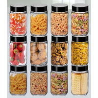 Brezzycloud Cubical Square 300ml Transparent Glass Jars & Containers for Kitchen, Cube Storage Glass Jar, 300 ml Each, Transparent Glass Jat with Black Color Plastic Airtight Lid (Set Of 12)