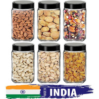 Square Glass Container 1000ml Transparent Glass Jars & Containers for Kitchen Pantry, Masala, Pickles, Cookies, Dry Fruits, Coffee Storage glass jar with Black Plastic Lid (1000ml, Set Of 6)