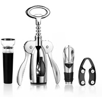 HASTHIP 4 PCS Wine Opener Stainless Steel Corkscrew Set with Vacuum Wine Stopper, Wine Foil Cutter, Wine Aaerator Pourer Wine Corkscrew Supplies Set for Kitchen Restaurant Bars Gifts for Wine Lover