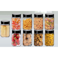 Brezzycloud Cubical Square 300ml Transparent Glass Jars & Containers for Kitchen, Cube Storage Glass Jar, 300 ml Each, Transparent Glass Jat with Black Color Plastic Airtight Lid (Set Of 9)