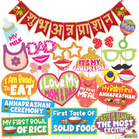 WOBBOX Annaprashan Photo Booth Party Props with Bunting Banner Hindi Shubh Red & Golden Color Font, Decoration Item