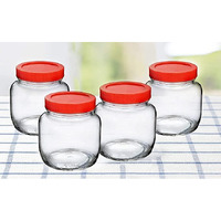 Vency Piramal Glass Round Shape Clear Jars and Containers for Kitchen Pantry, Snacks, Masala, Pickles, Dry Fruits, and Coffee Beans Storage with Red Color Plastic Lid (Aahar Jar) (300ml, Set Of 4)