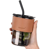 Kikiluxxa Beer Can Glass Tumbler With Straw And Lid Leather Band- 400Ml- Pack Of 1 - Mojito Sipper Mug With Lid For Kids Milk Cup With Straw (Caucaia Sipper 1) - Black