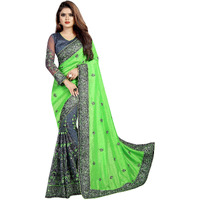 B BELLA CREATION Woven Womens Vichitra Net Saree with Banglori Silk Blouse Piece (Parrot Grey) (B Bella lycra