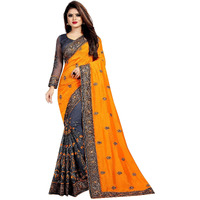 B BELLA CREATION Woven Blend Womens Vichitra Net Saree with Banglori Silk Blouse Piece (Mustard and Grey) (B Bella Lycra