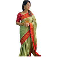 SGF11 Womens Kanjivaram Soft Lichi Silk Saree With Blouse Piece (Light Green Red)